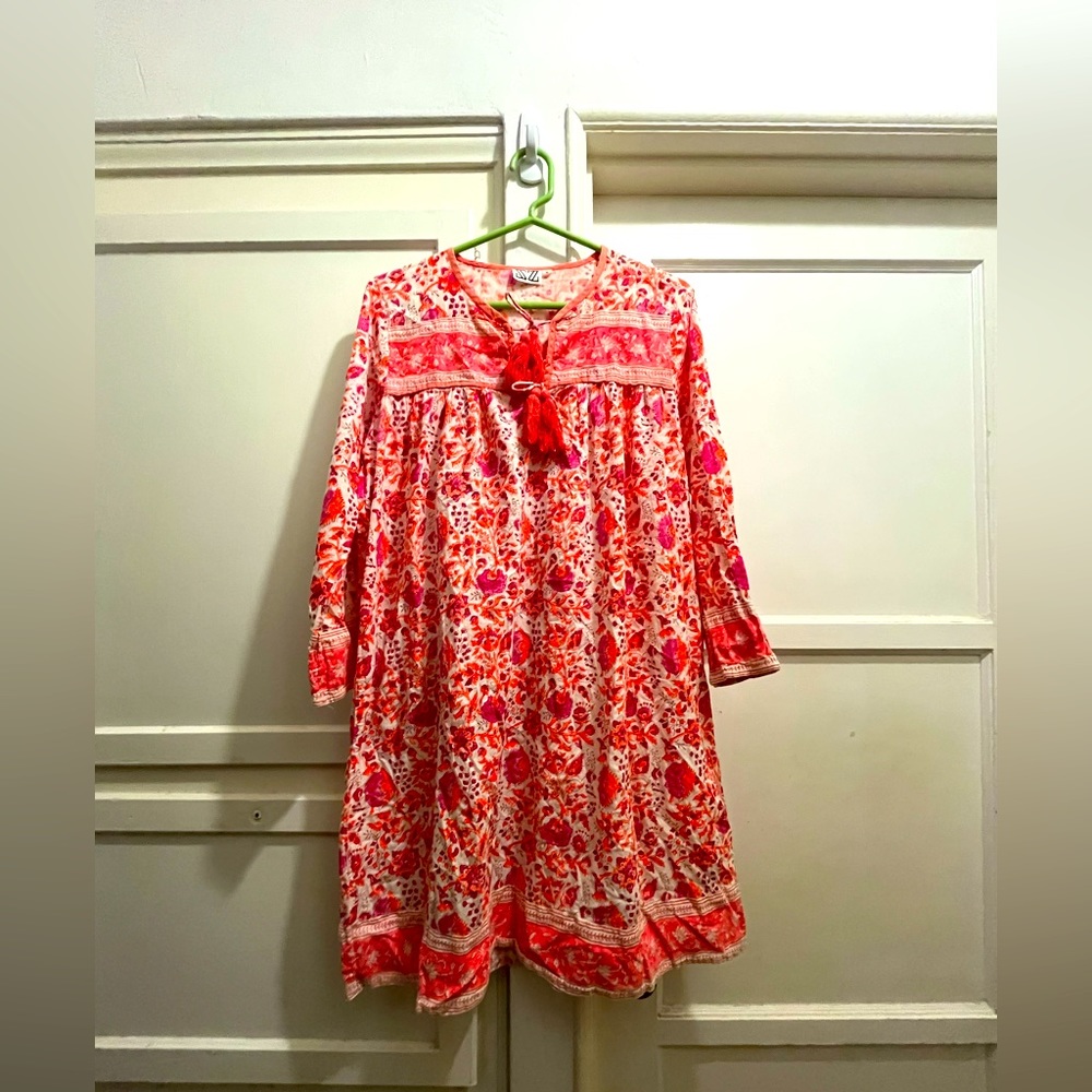SZ block prints Indian cotton dress pasta print in neon orange/pink size medium